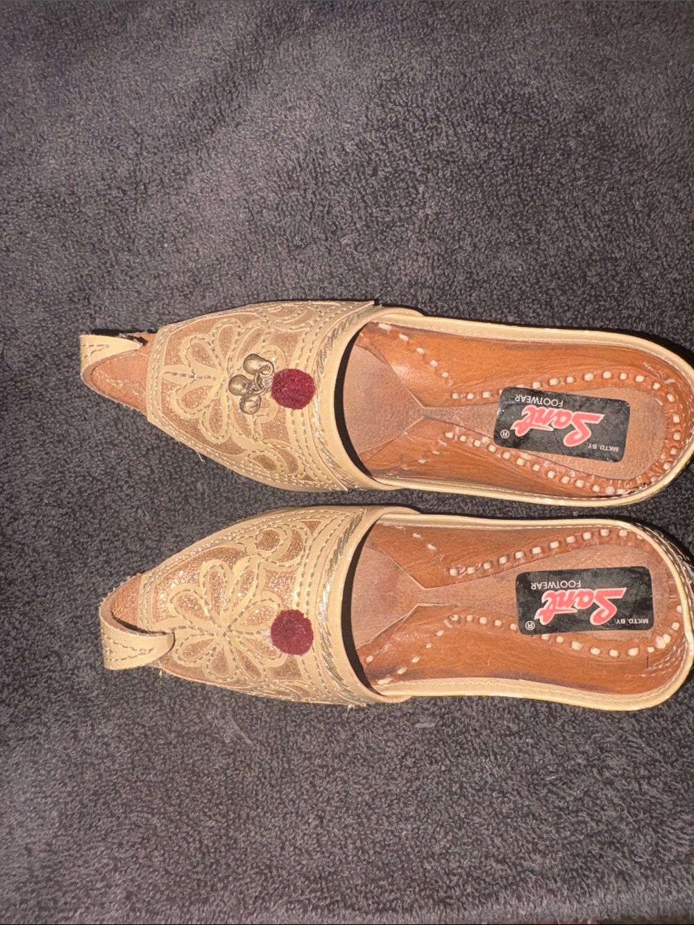 Children’s 6 inches Embroidered Beige Leather Mules with Maroon Pom Accent